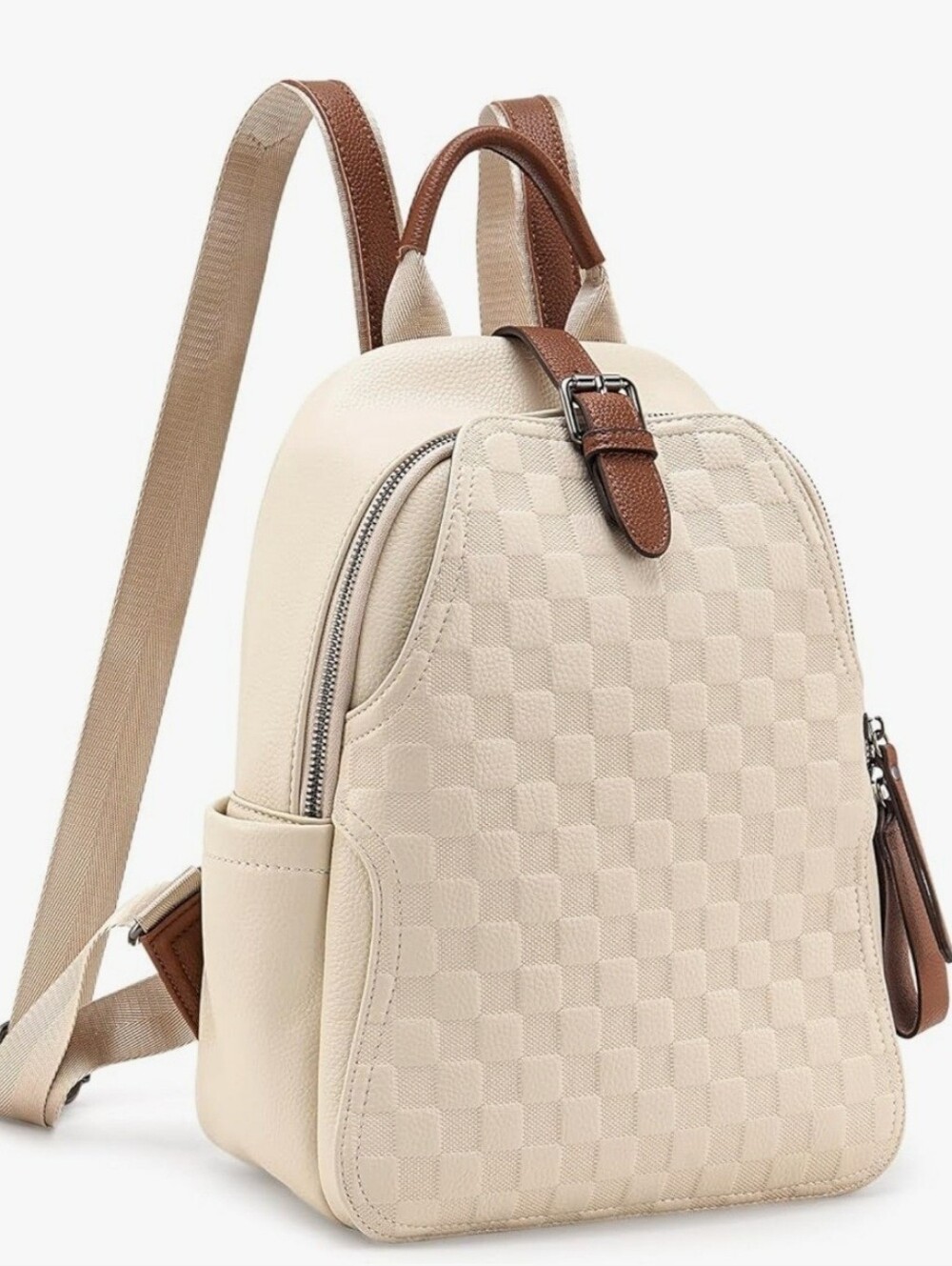 1 Left! Stylish Elegant Cream Textured Checker Vegan Leather Backpack Rucksack